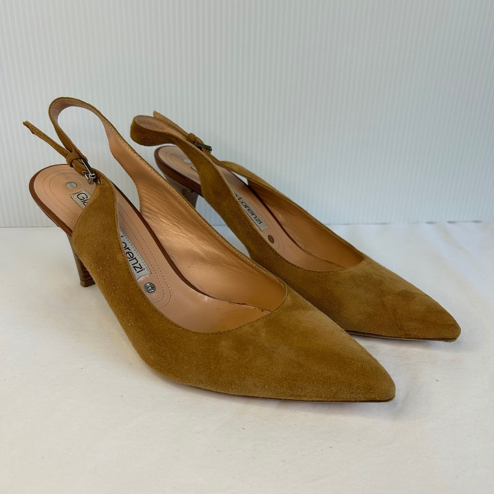 Gianmarco Lorenzi Suede Pointed Toe Slingback Heels Tan Brown Size 39.5